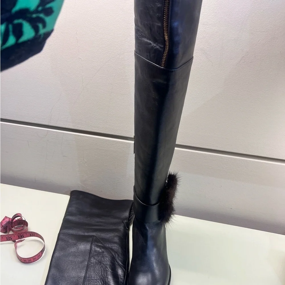 Marino Fabiani Sleek Black and brown Over the Knee leather Boots fur cuff NWT